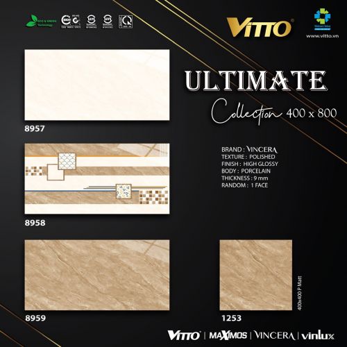 Bộ gạch ốp tường Vincera 40x80 mã 8957 - 8958 - 8959, nền 40x40 mã 1253