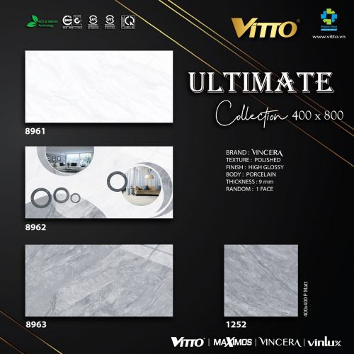 Bộ gạch ốp tường Vincera 40x80 mã 8961 - 8962 - 8963, nền 40x40 mã 1252